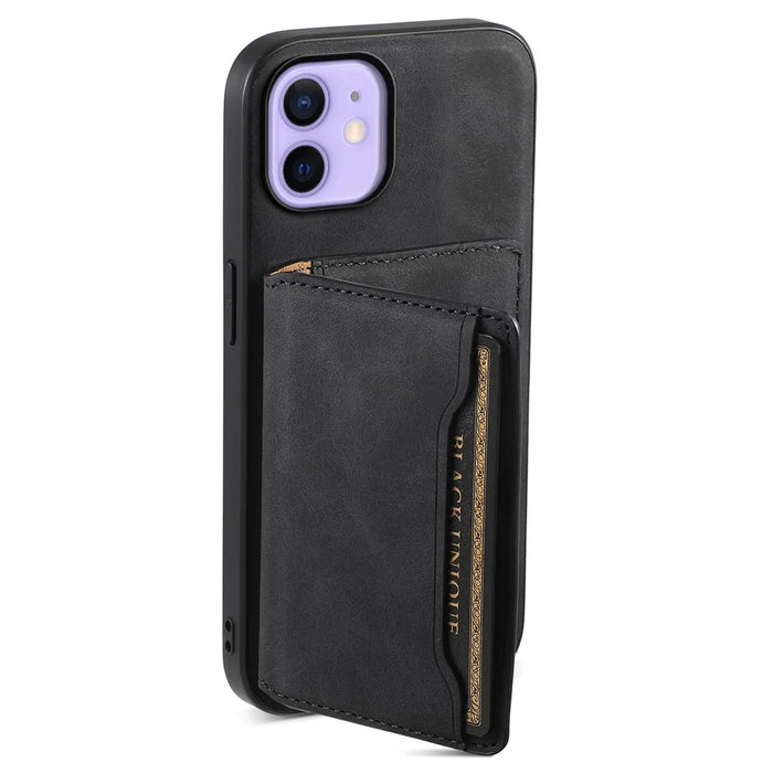 DENIOR D13 For iPhone 12 / 12 Pro Case Vintage PU Leather Back Cover with Detachable Card Holder - Black - 4