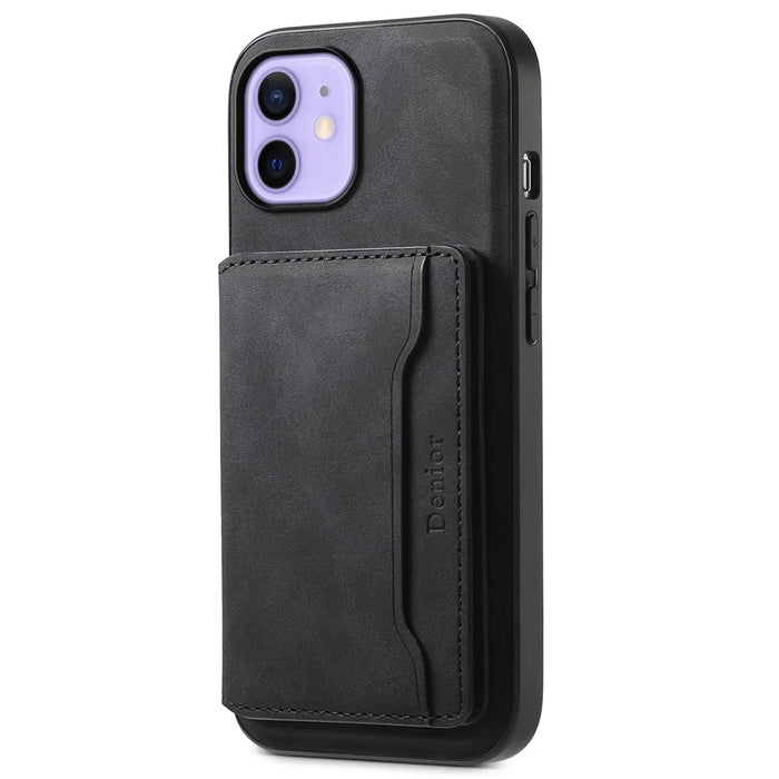 DENIOR D13 For iPhone 12 / 12 Pro Case Vintage PU Leather Back Cover with Detachable Card Holder - Black - 5