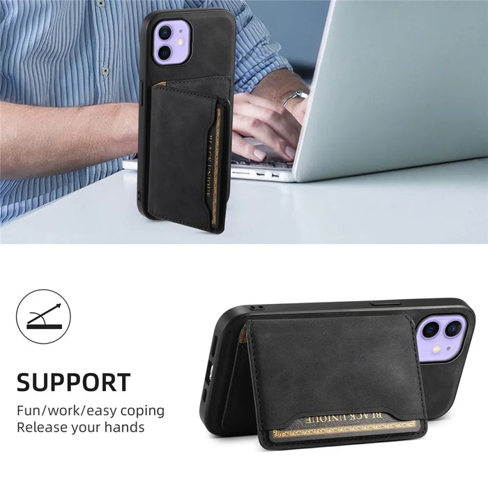 DENIOR D13 For iPhone 12 / 12 Pro Case Vintage PU Leather Back Cover with Detachable Card Holder - Black - 6