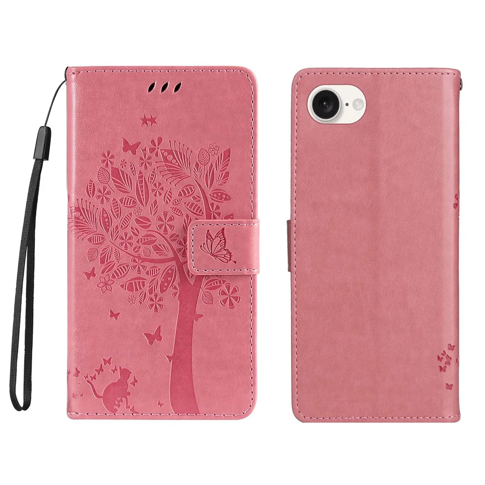 For iPhone 17e / 16e Phone Case with Stand Cat Tree Pattern Leather Wallet Mobile Cover - Pink - 1