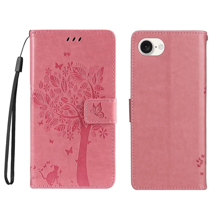 For iPhone 17e / 16e Phone Case with Stand Cat Tree Pattern Leather Wallet Mobile Cover - Pink - 1