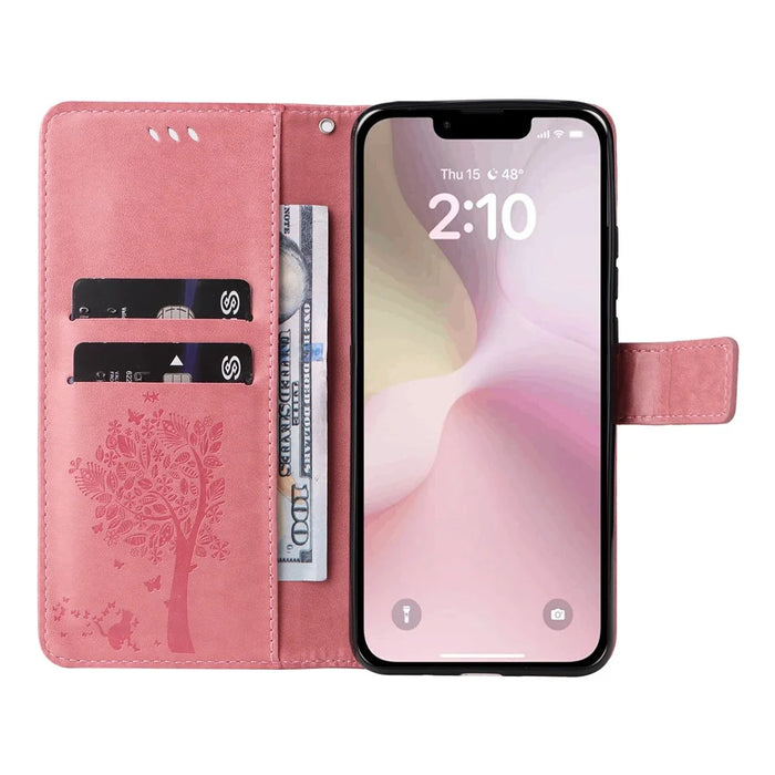 For iPhone 17e / 16e Phone Case with Stand Cat Tree Pattern Leather Wallet Mobile Cover - Pink - 2