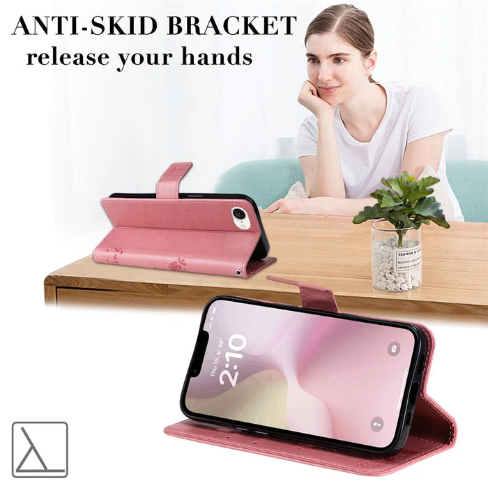 For iPhone 17e / 16e Phone Case with Stand Cat Tree Pattern Leather Wallet Mobile Cover - Pink - 4