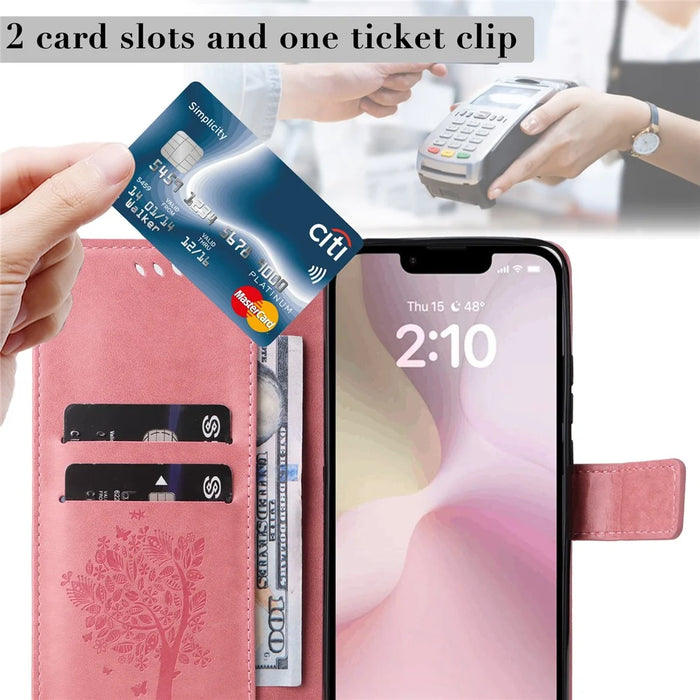 For iPhone 17e / 16e Phone Case with Stand Cat Tree Pattern Leather Wallet Mobile Cover - Pink - 5