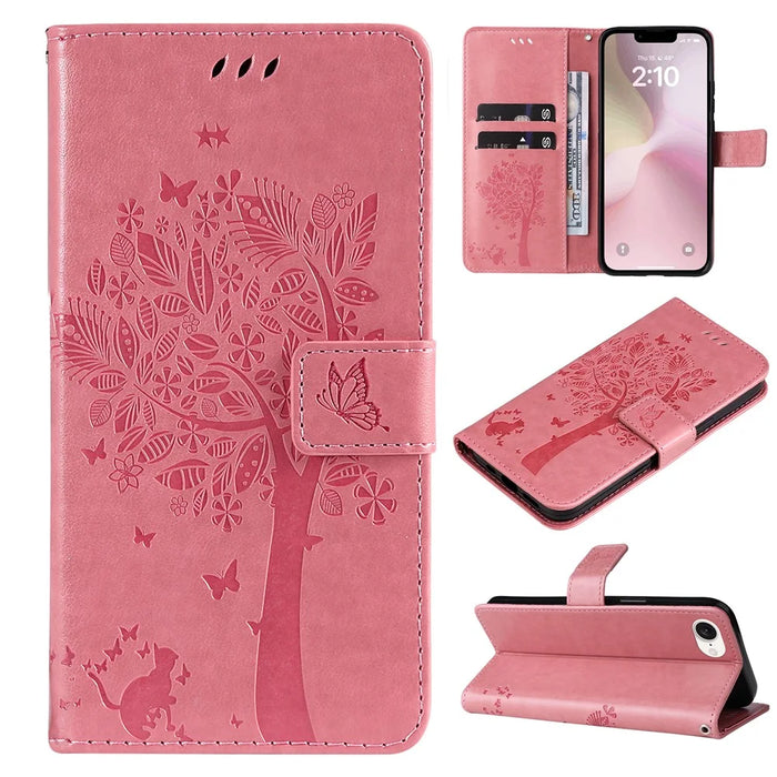 For iPhone 17e / 16e Phone Case with Stand Cat Tree Pattern Leather Wallet Mobile Cover - Pink - 6