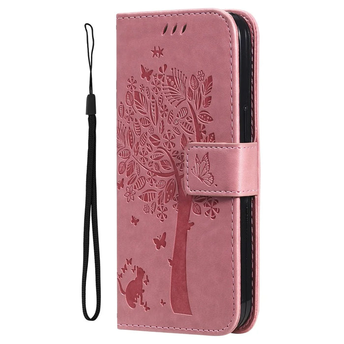 For iPhone 17e / 16e Phone Case with Stand Cat Tree Pattern Leather Wallet Mobile Cover - Pink - 7