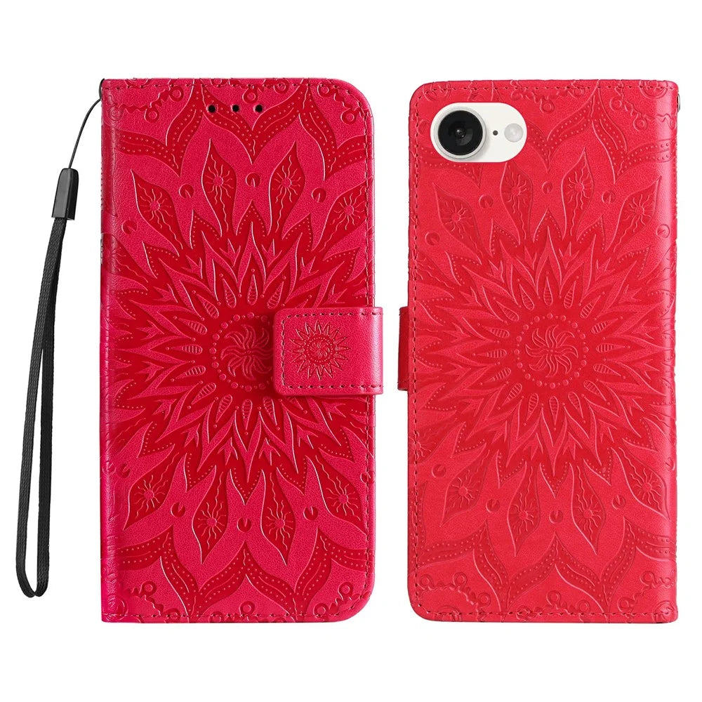 For iPhone 17e / 16e Phone Case Sunflower Imprinted Leather Wallet Stand Cover with Strap - Red - 1