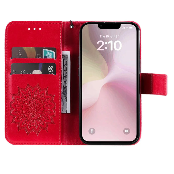 For iPhone 17e / 16e Phone Case Sunflower Imprinted Leather Wallet Stand Cover with Strap - Red - 2