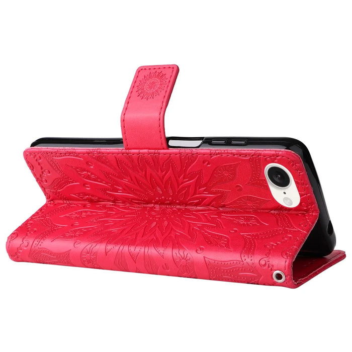 For iPhone 17e / 16e Phone Case Sunflower Imprinted Leather Wallet Stand Cover with Strap - Red - 3