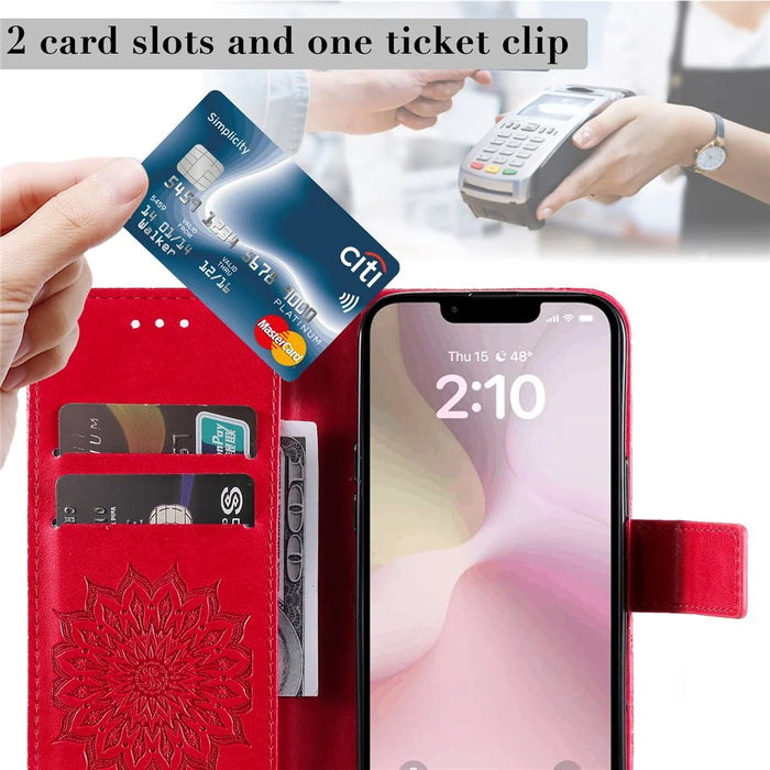 For iPhone 17e / 16e Phone Case Sunflower Imprinted Leather Wallet Stand Cover with Strap - Red - 4