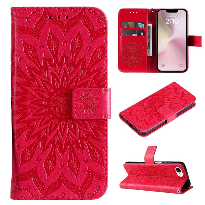 For iPhone 17e / 16e Phone Case Sunflower Imprinted Leather Wallet Stand Cover with Strap - Red - 5