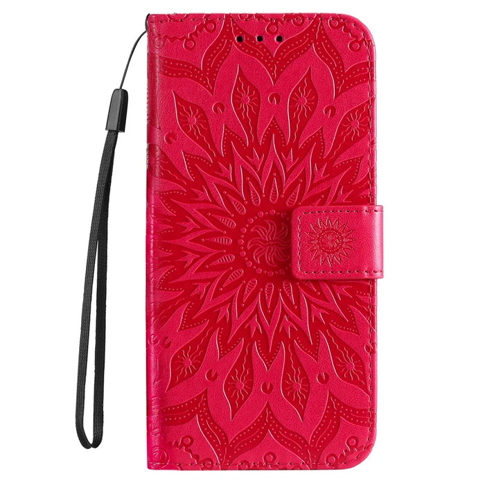 For iPhone 17e / 16e Phone Case Sunflower Imprinted Leather Wallet Stand Cover with Strap - Red - 6