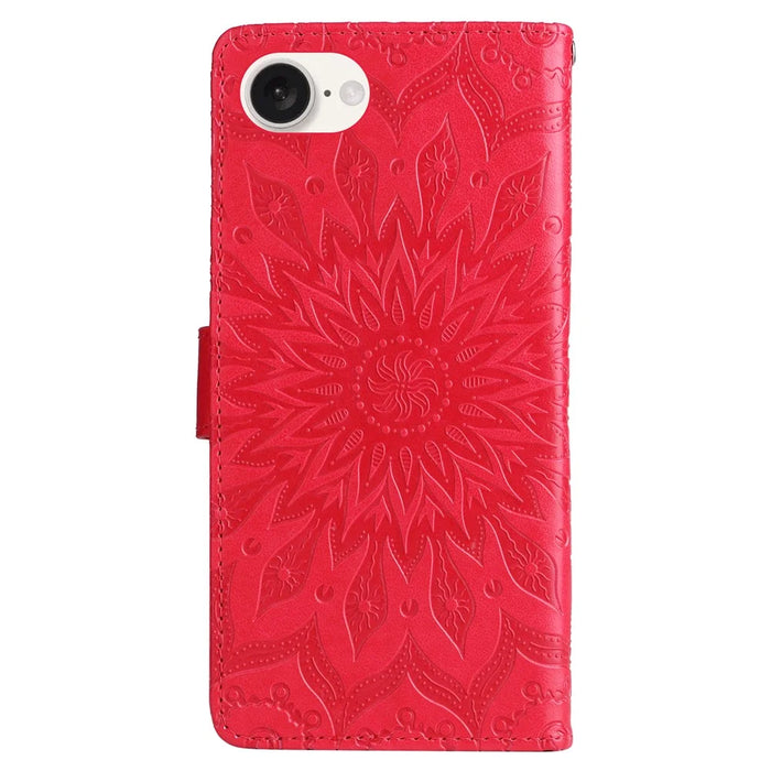 For iPhone 17e / 16e Phone Case Sunflower Imprinted Leather Wallet Stand Cover with Strap - Red - 7