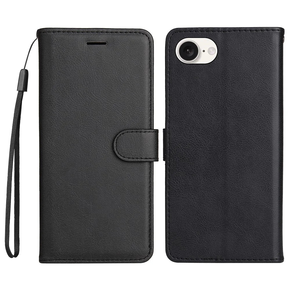 For iPhone 17e / 16e Case Solid Color Leather Mobile Cover Wallet Stand with Strap - Black - 1
