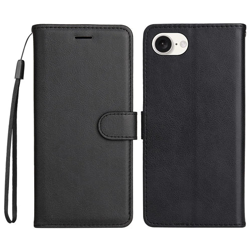 For iPhone 17e / 16e Case Solid Color Leather Mobile Cover Wallet Stand with Strap - Black - 1