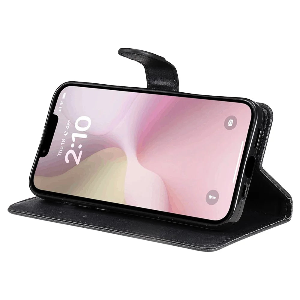For iPhone 17e / 16e Case Solid Color Leather Mobile Cover Wallet Stand with Strap - Black - 3