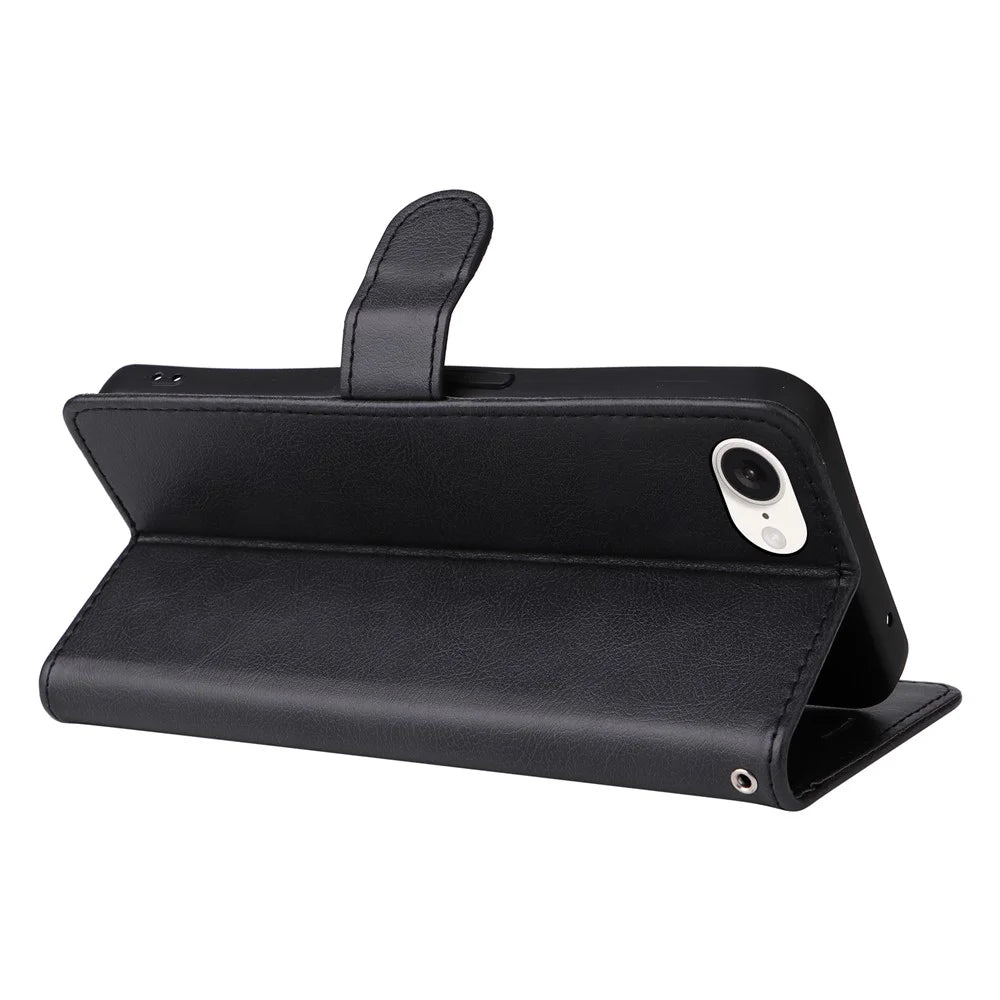 For iPhone 17e / 16e Case Solid Color Leather Mobile Cover Wallet Stand with Strap - Black - 4