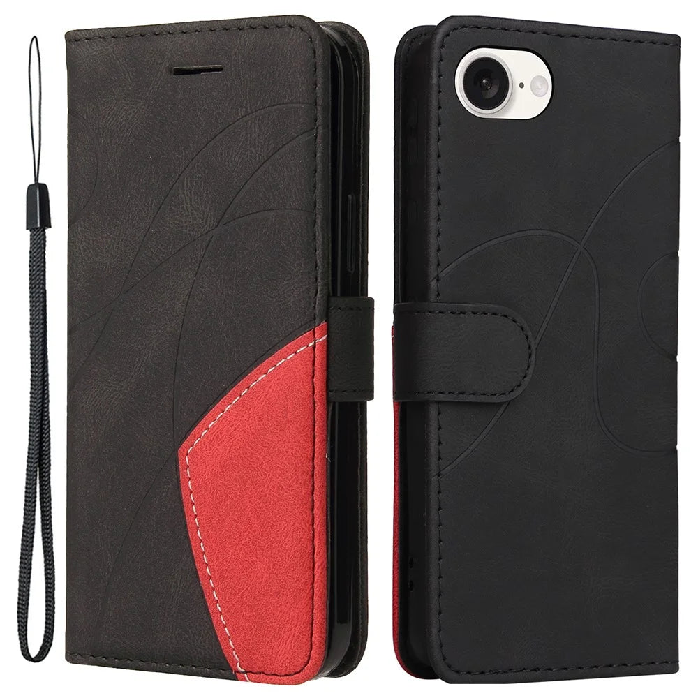 For iPhone 17e / 16e Leather Case Wallet Stand Color Splicing Phone Cover - Black - 1