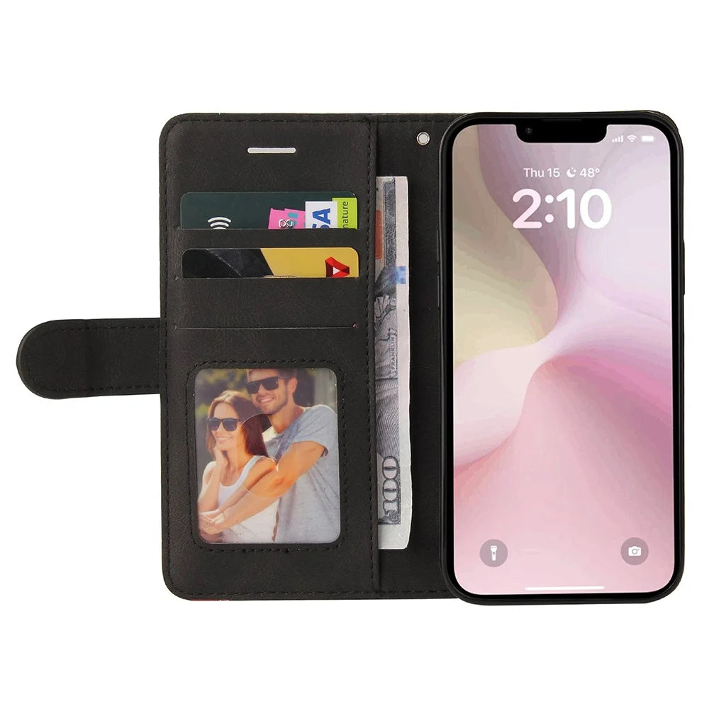For iPhone 17e / 16e Leather Case Wallet Stand Color Splicing Phone Cover - Black - 2