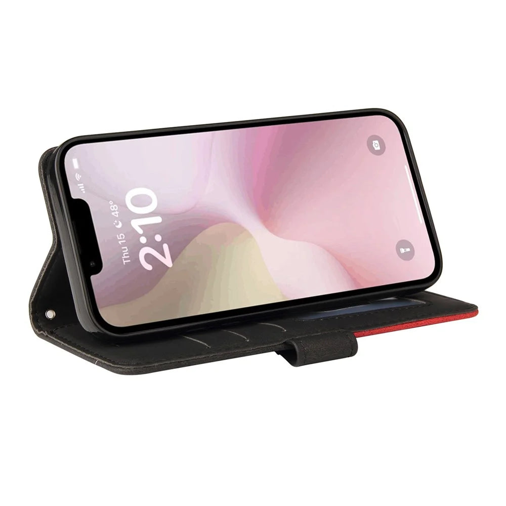For iPhone 17e / 16e Leather Case Wallet Stand Color Splicing Phone Cover - Black - 3
