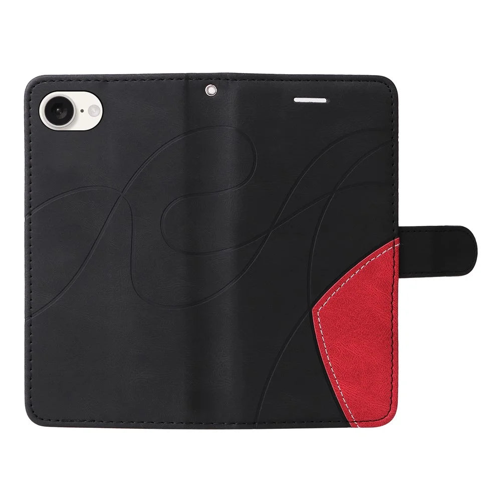 For iPhone 17e / 16e Leather Case Wallet Stand Color Splicing Phone Cover - Black - 5