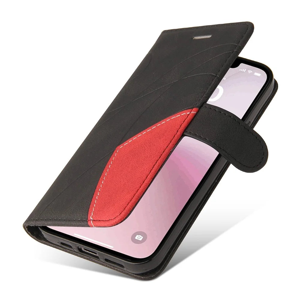 For iPhone 17e / 16e Leather Case Wallet Stand Color Splicing Phone Cover - Black - 6