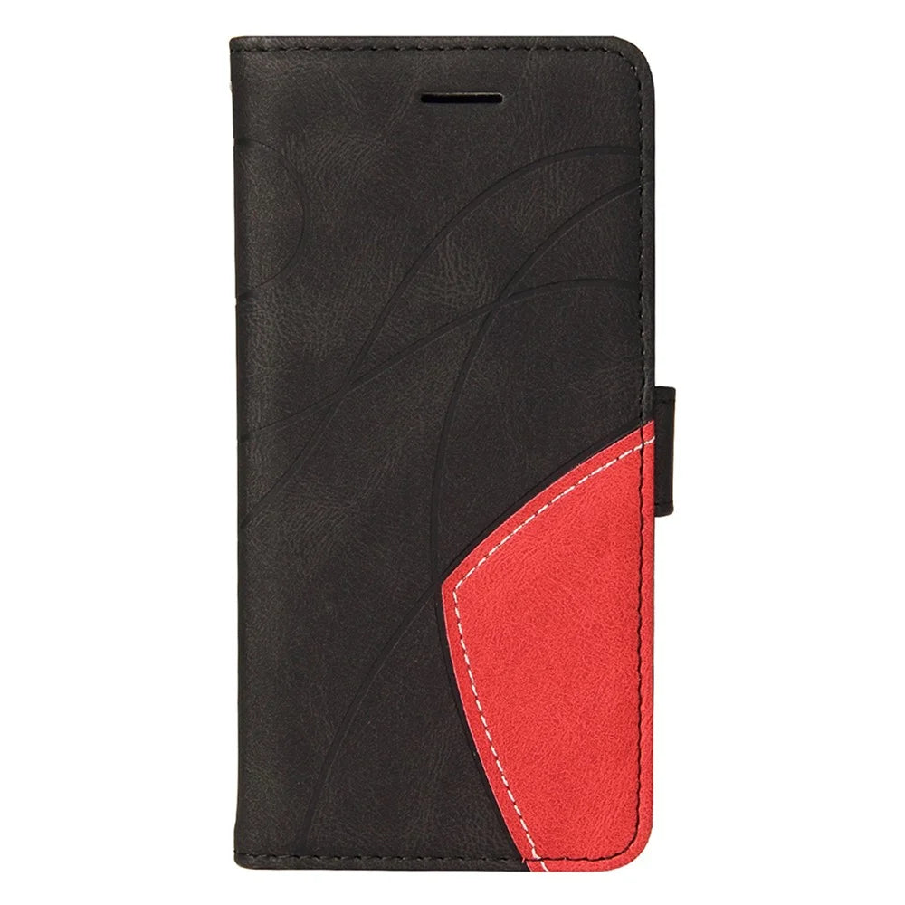 For iPhone 17e / 16e Leather Case Wallet Stand Color Splicing Phone Cover - Black - 7