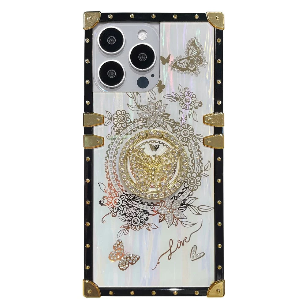 For iPhone 14 Pro Case Butterfly Pattern Electroplated Kickstand TPU+PC Phone Cover - White - 1