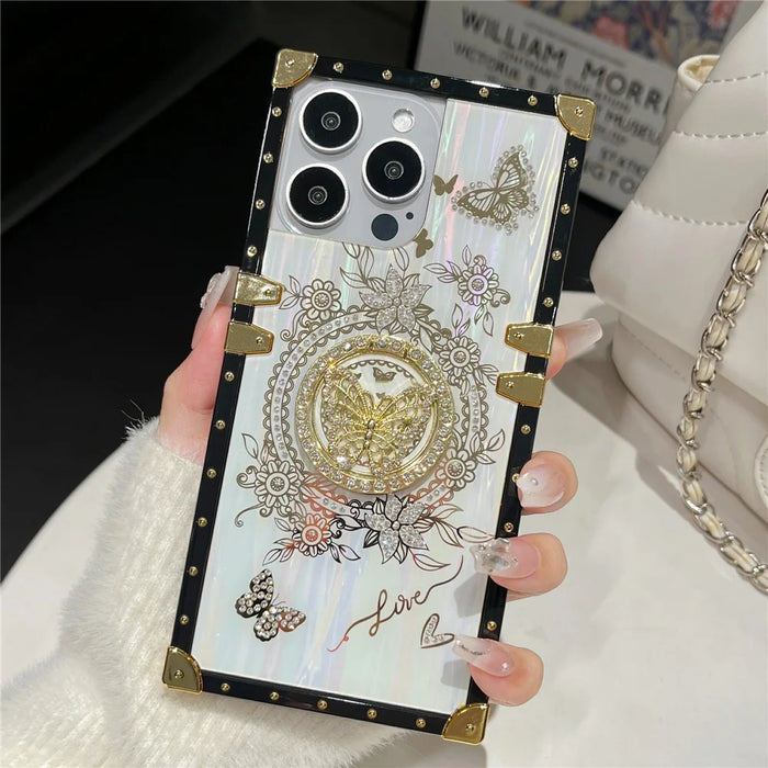 For iPhone 14 Pro Case Butterfly Pattern Electroplated Kickstand TPU+PC Phone Cover - White - 2