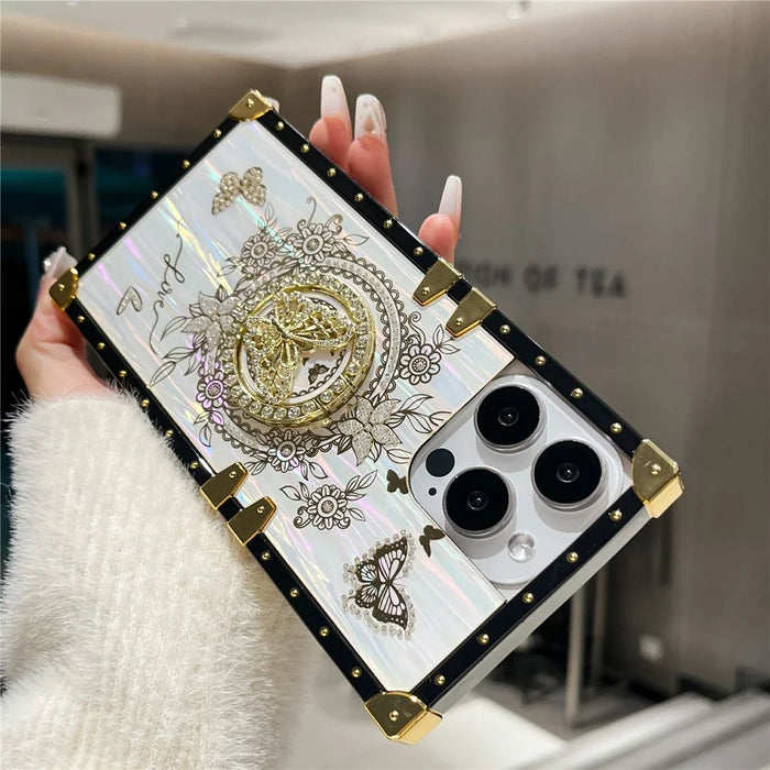For iPhone 14 Pro Case Butterfly Pattern Electroplated Kickstand TPU+PC Phone Cover - White - 4