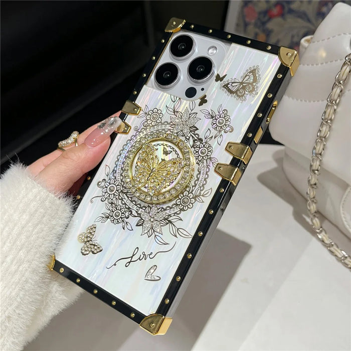 For iPhone 14 Pro Case Butterfly Pattern Electroplated Kickstand TPU+PC Phone Cover - White - 6