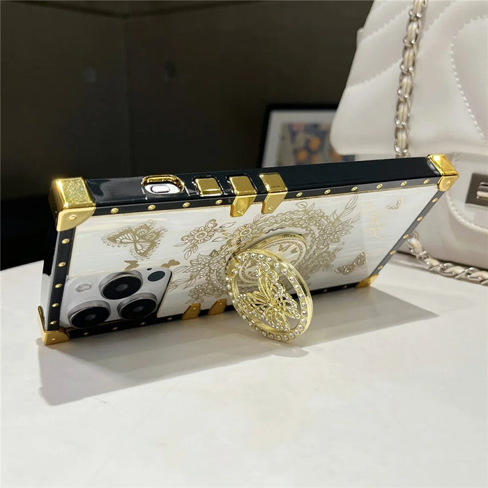 For iPhone 15 Pro Case Electroplated Butterfly Pattern TPU+PC Phone Cover with Kickstand - White - 3