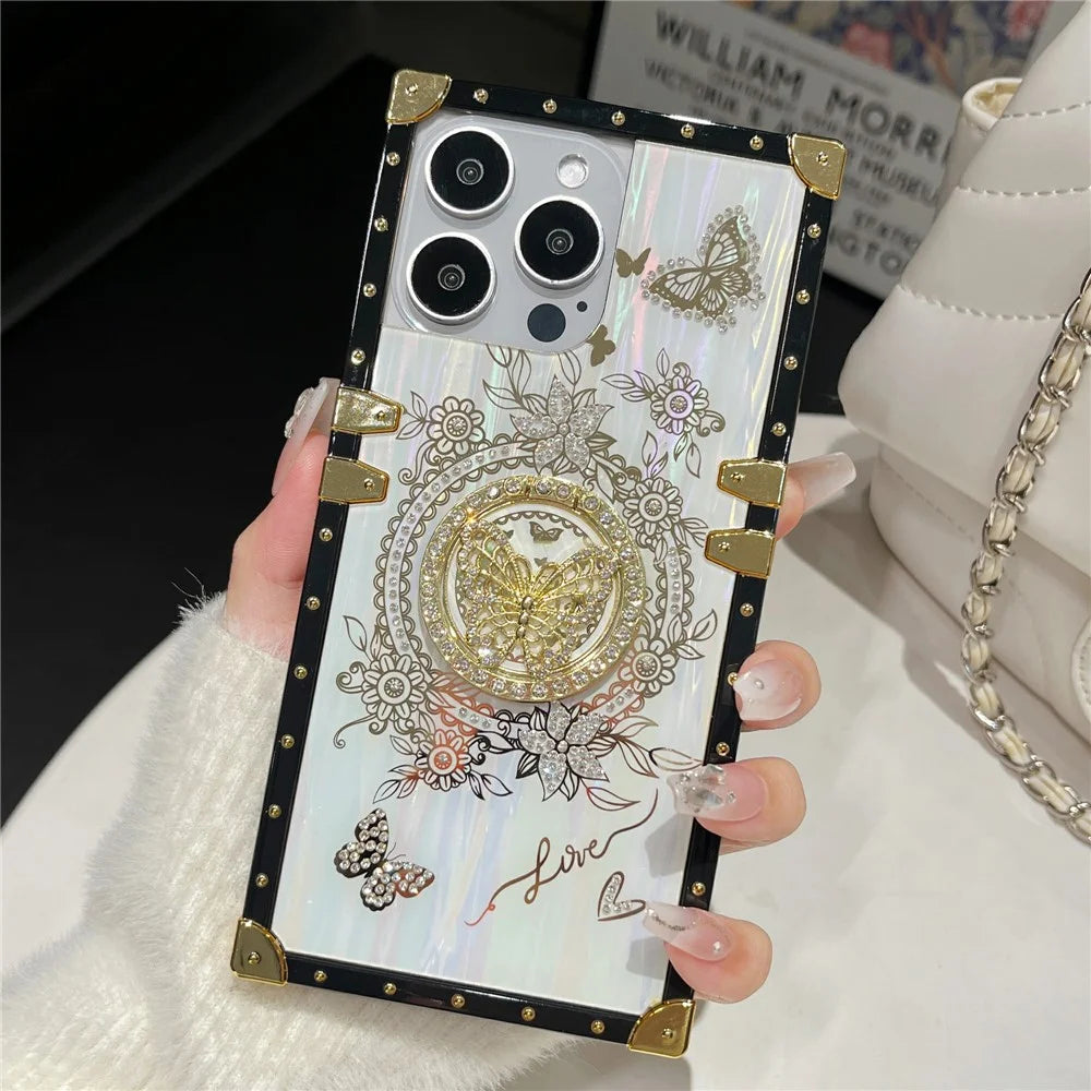 For iPhone 15 Pro Max Rhinestone Decor Butterfly Pattern TPU+PC Phone Cover with Kickstand - White - 2