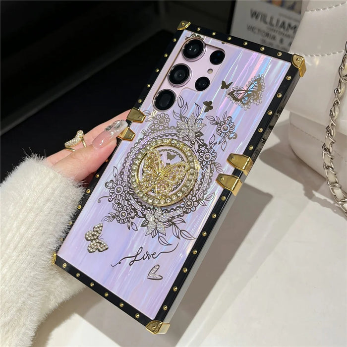 For Samsung Galaxy S23 Ultra Kickstand Case Rhinestone Decor Butterfly Pattern TPU+PC Phone Cover - Purple - 6