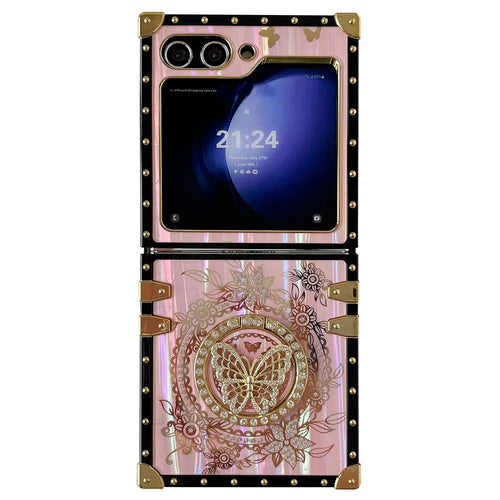 For Samsung Galaxy Z Flip5 5G Case Butterfly Decor Kickstand TPU+PC Electroplating Phone Cover - Pink - 1