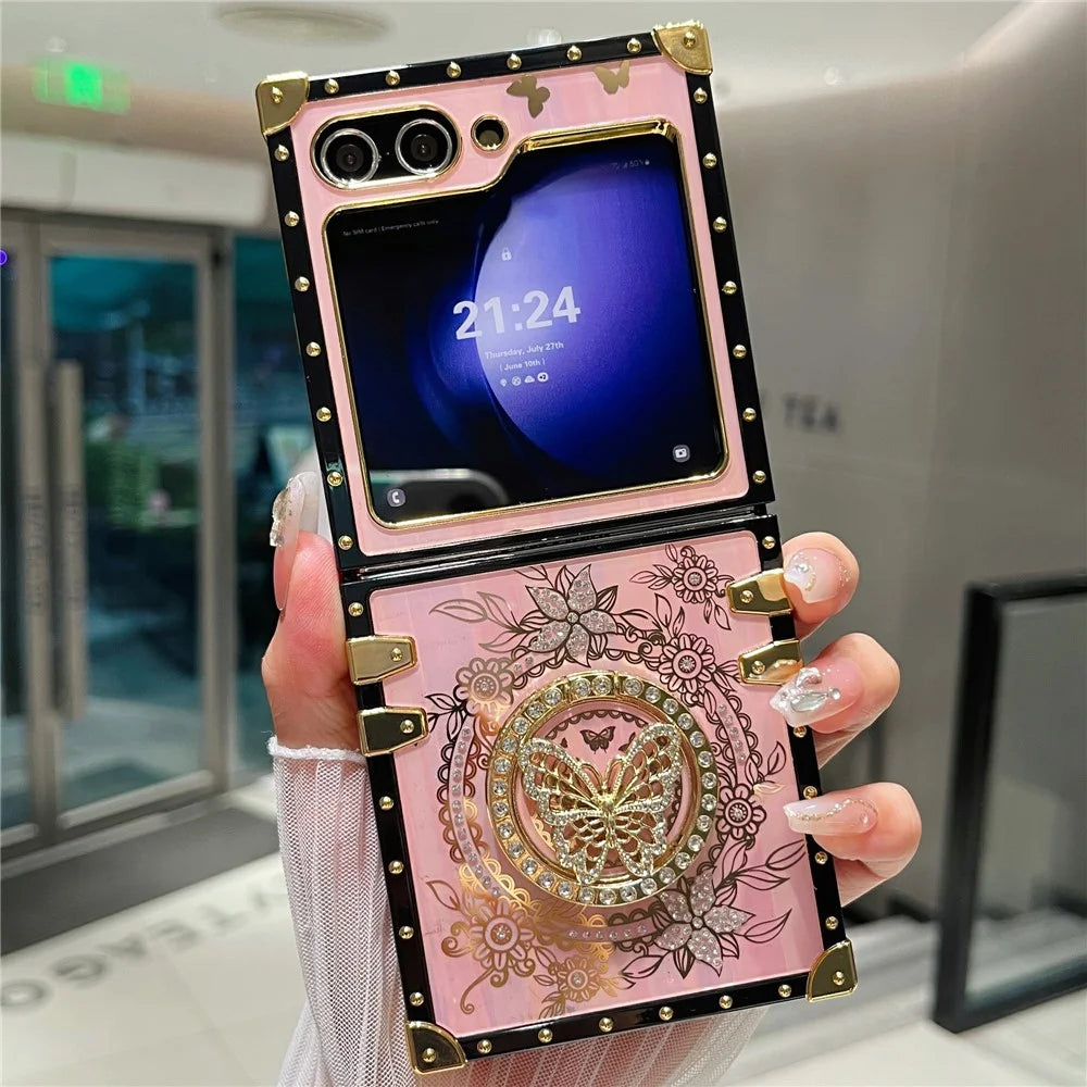 For Samsung Galaxy Z Flip5 5G Case Butterfly Decor Kickstand TPU+PC Electroplating Phone Cover - Pink - 2