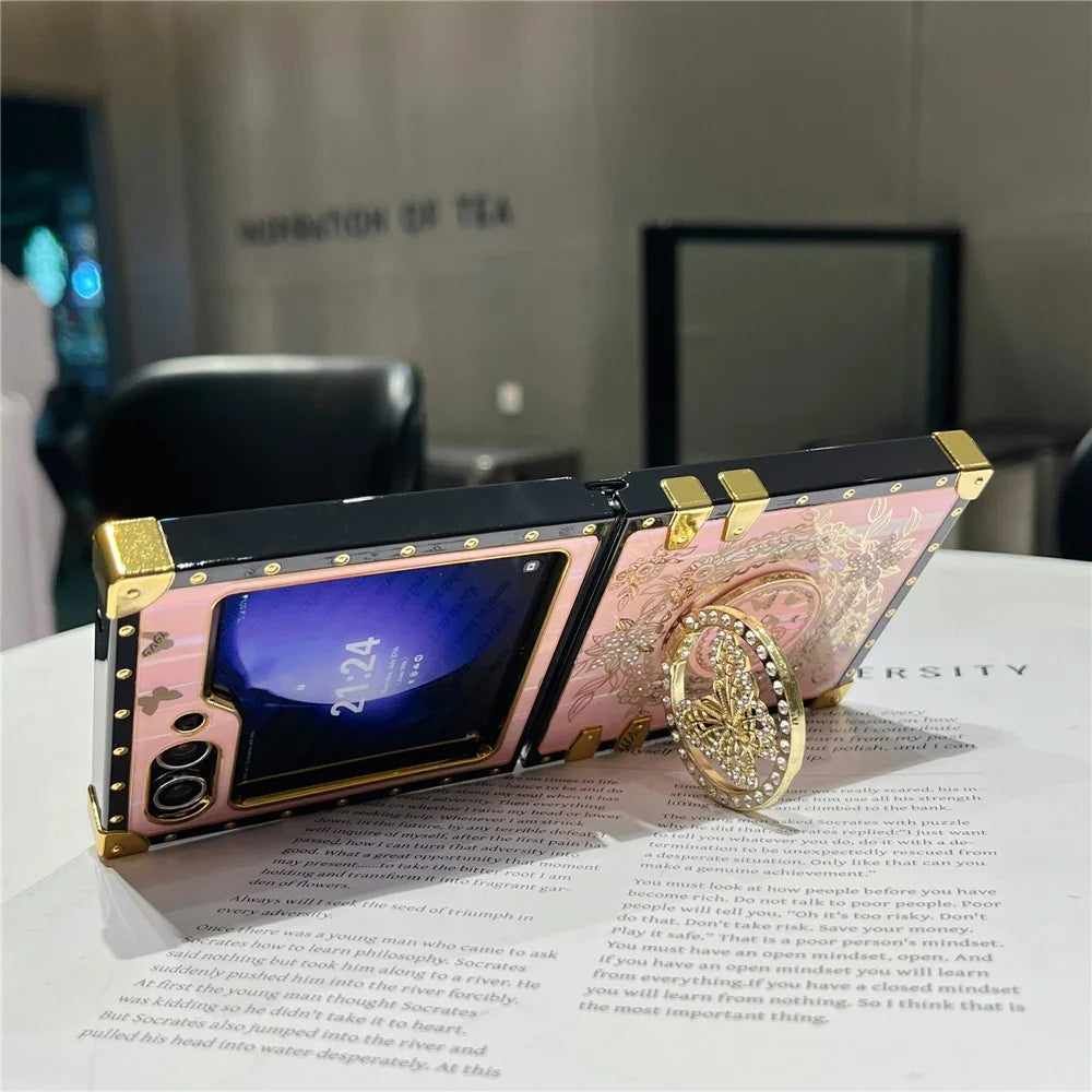 For Samsung Galaxy Z Flip5 5G Case Butterfly Decor Kickstand TPU+PC Electroplating Phone Cover - Pink - 4