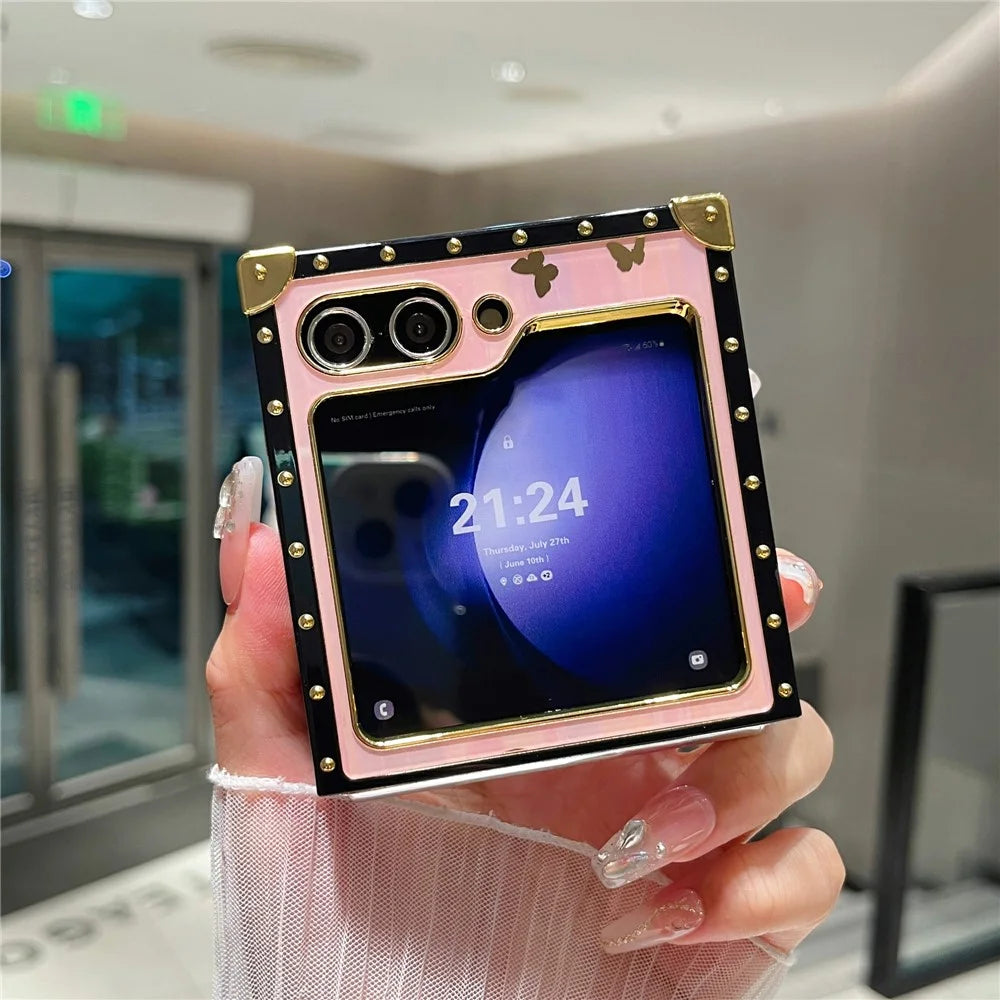 For Samsung Galaxy Z Flip5 5G Case Butterfly Decor Kickstand TPU+PC Electroplating Phone Cover - Pink - 5