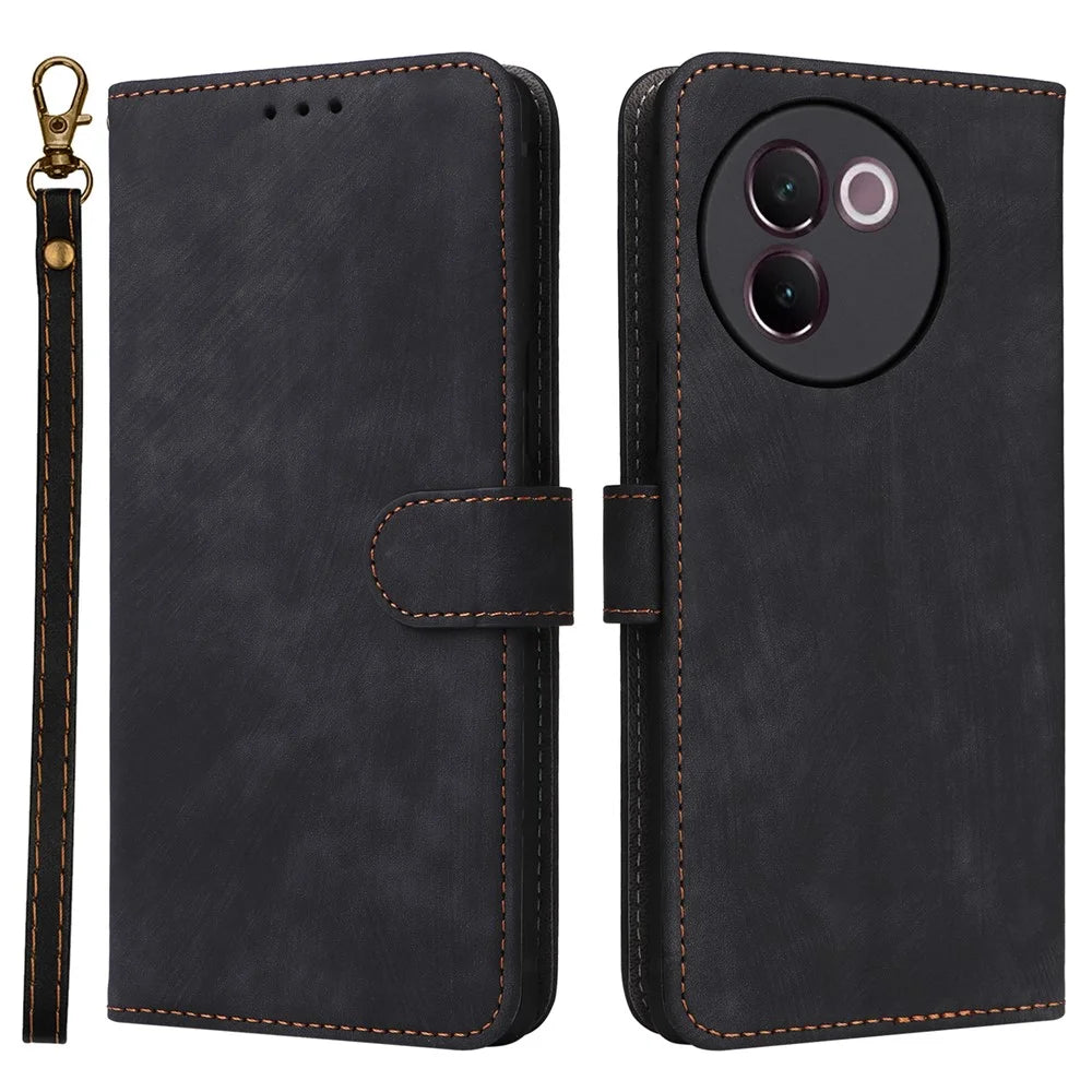 For vivo V30e 5G Case RFID Blocking Leather Wallet Phone Cover with Strap - Black - 1