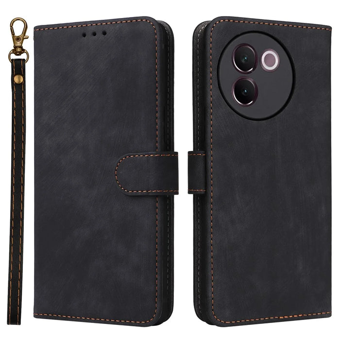 For vivo V30e 5G Case RFID Blocking Leather Wallet Phone Cover with Strap - Black - 1