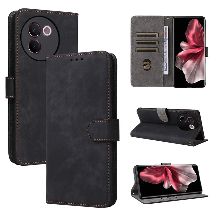 For vivo V30e 5G Case RFID Blocking Leather Wallet Phone Cover with Strap - Black - 6