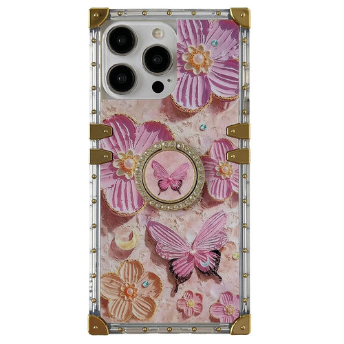 For iPhone 14 Pro Max Case Ring Kickstand Flower Butterfly Pattern TPU+PC Phone Cover - Pink - 1