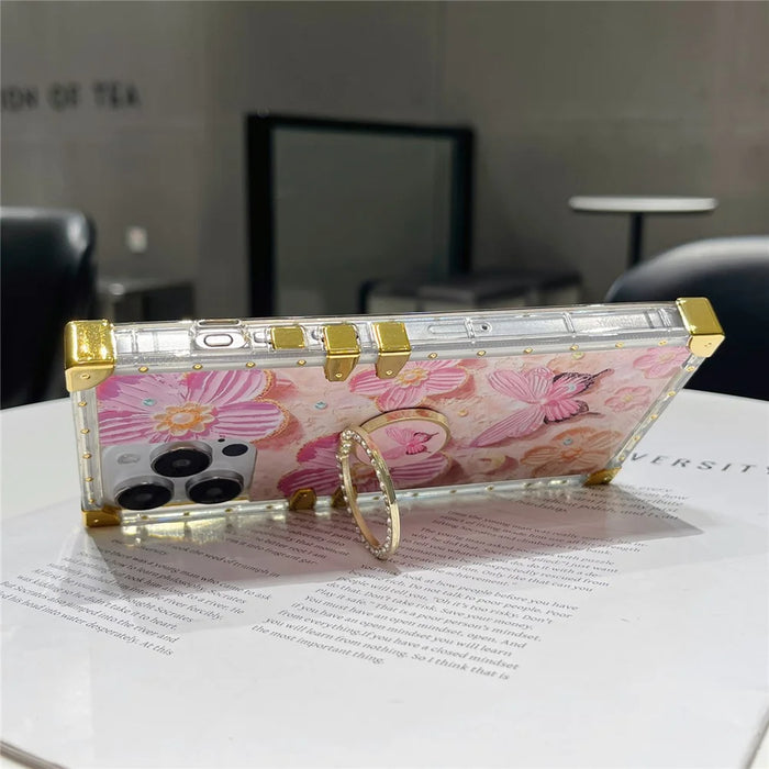 For iPhone 14 Pro Max Case Ring Kickstand Flower Butterfly Pattern TPU+PC Phone Cover - Pink - 2