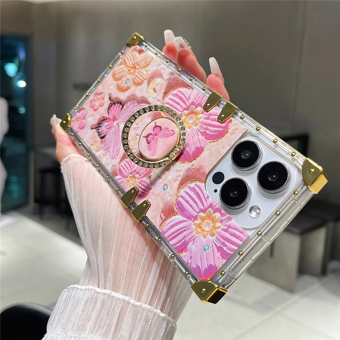 For iPhone 14 Pro Max Case Ring Kickstand Flower Butterfly Pattern TPU+PC Phone Cover - Pink - 3