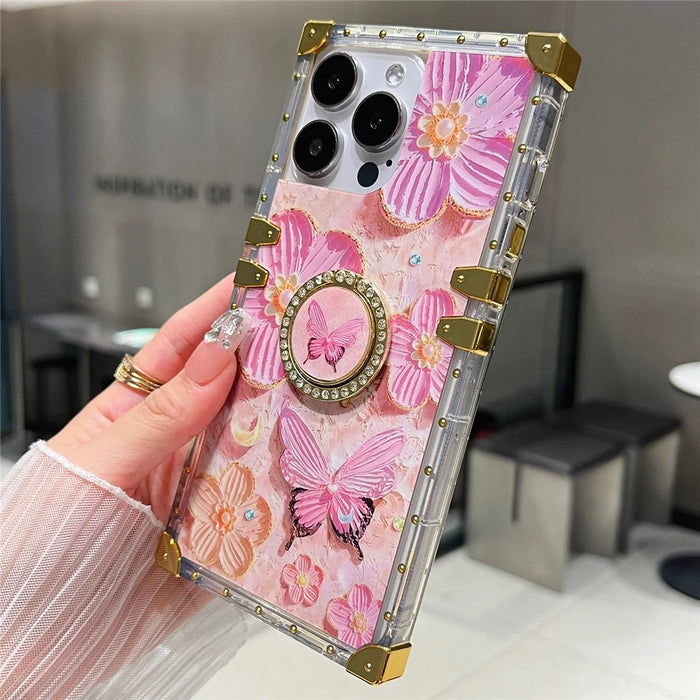 For iPhone 14 Pro Max Case Ring Kickstand Flower Butterfly Pattern TPU+PC Phone Cover - Pink - 4