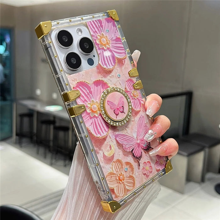 For iPhone 14 Pro Max Case Ring Kickstand Flower Butterfly Pattern TPU+PC Phone Cover - Pink - 5
