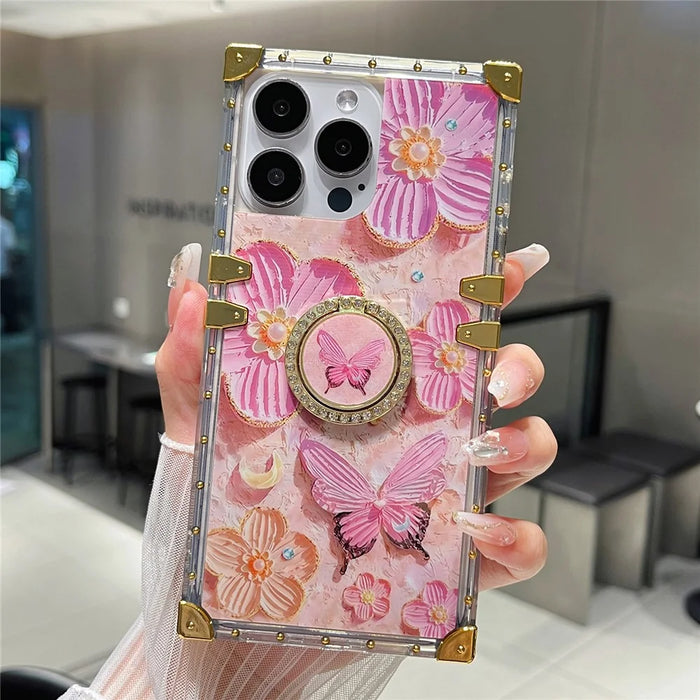 For iPhone 14 Pro Max Case Ring Kickstand Flower Butterfly Pattern TPU+PC Phone Cover - Pink - 6