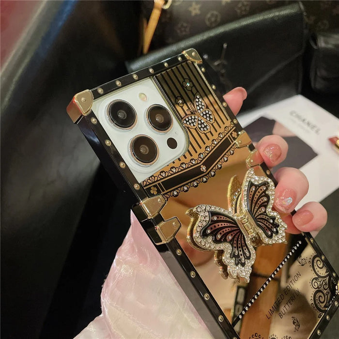 For iPhone 15 Pro Electroplated TPU+PC Cover Phone Case with Butterfly Kickstand - Black - 6