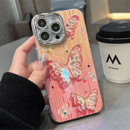 For iPhone 14 Pro Cover Oil Painting Butterfly PC+TPU IMD Phone Case with PC Lens Film - Pink - 1