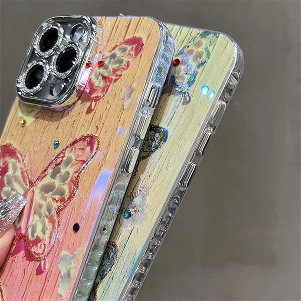 For iPhone 14 Pro Cover Oil Painting Butterfly PC+TPU IMD Phone Case with PC Lens Film - Pink - 3